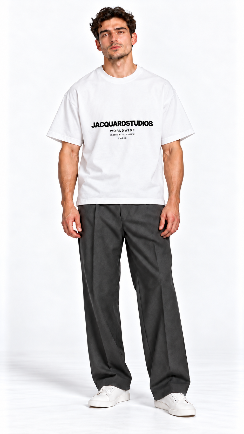 Front view of a model wearing the JacquardStudios Worldwide T-Shirt in White