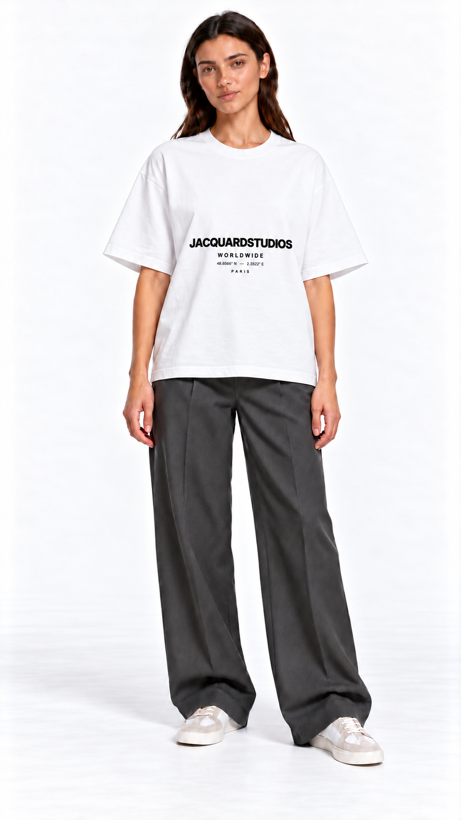 Front view of a second model wearing the JacquardStudios Worldwide T-Shirt in White